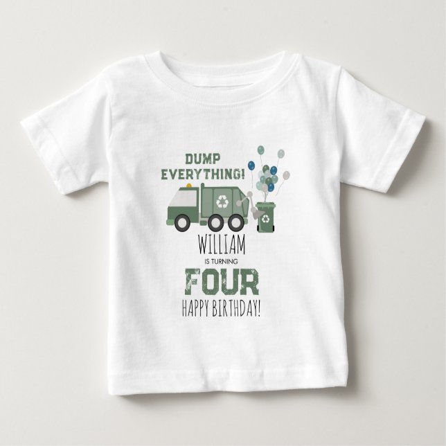 Camiseta Caminhão de Reciclagem Verde Fofo Nome Idade Anive (Frente)