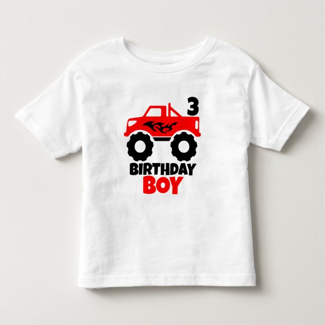 Camiseta Caminhão do Monstro Vermelho Birthday Boy com Idad (Frente)
