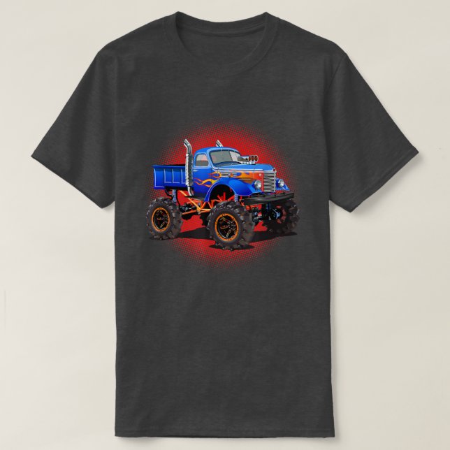 Camiseta Caminhão Monstro De Meninos Com Chama Azul Vermelh (Frente do Design)