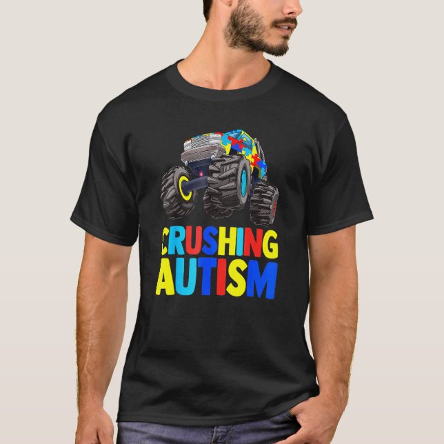 Camiseta Caminhão Monstro Esmagando Conscientização do Auti (Frente)