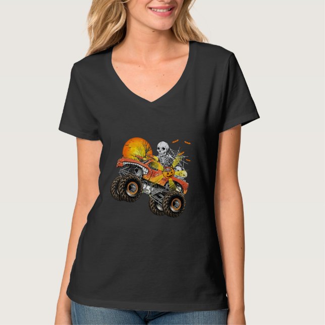 Camiseta Caminhão Monstro Esqueleto de Halloween para Crian (Frente)