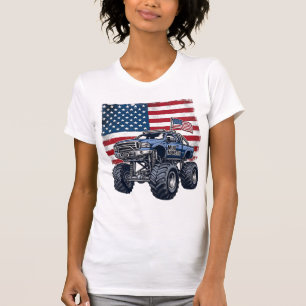 Camiseta Caminhão Monstro Patriótico Desenho de Gravura Vin