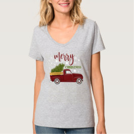 Camiseta Caminhão Vermelho Antigo Árvore de Natal Alegre Re