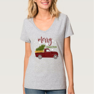 Camiseta Caminhão Vermelho Antigo Árvore de Natal Alegre Re