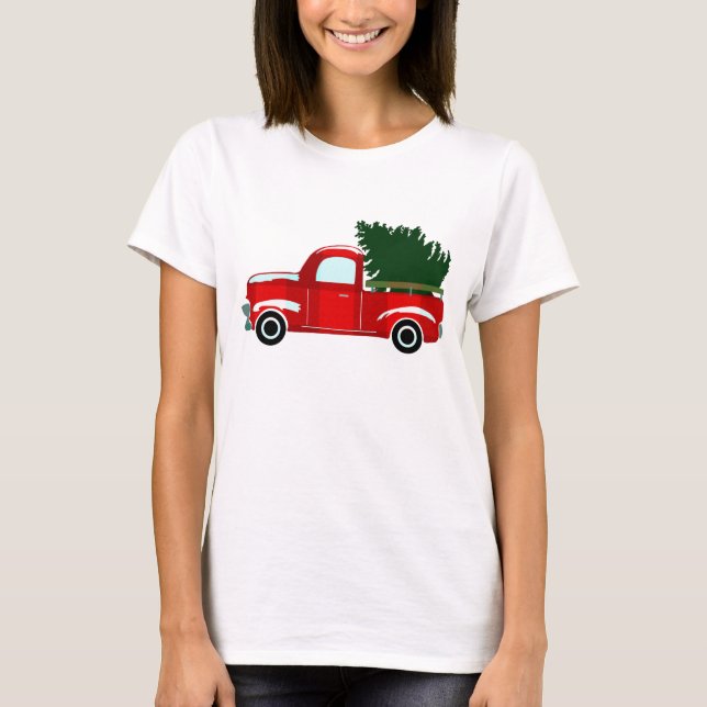 Camiseta Caminhão Vermelho de Natal Natal Rústico Feriado (Frente)