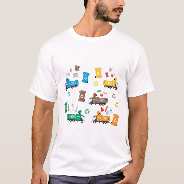 Camiseta Caminhões e Caixas de lixo de Reciclagens colorido (Frente)