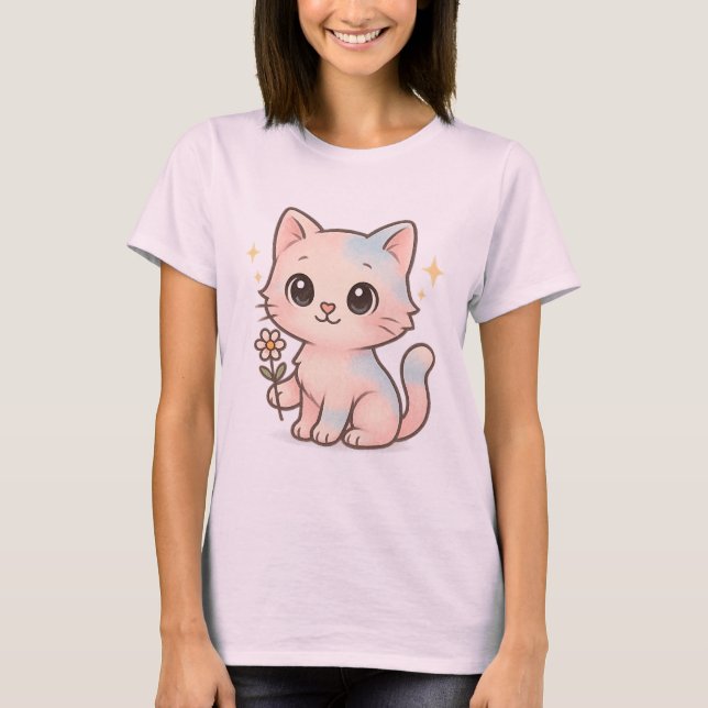 Camiseta Camisa-Gatinho de Camisa-Frota-Gato-Kawaii Pastel (Frente)