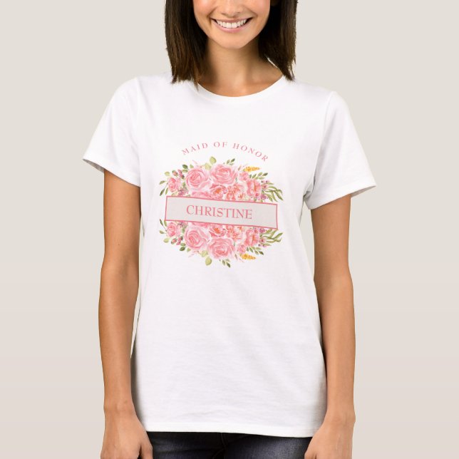 Camiseta Camisa-Madrinha de casamento Floral de Coral Rosa (Frente)