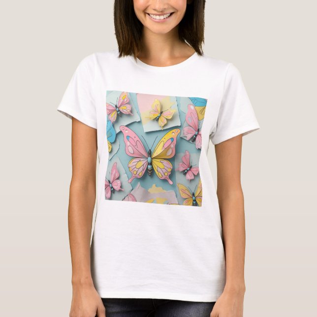 Camiseta 🦋 Camisa-T da Borboleta Branca de Cartoon - Natu  (Frente)