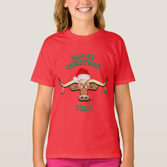 Camiseta Camisa-T da Garota do Longhorn Steer de Natal (Frente)