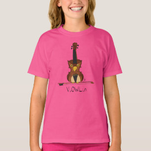 Camiseta Camisa-T da Rapariga da Coruja Violina Engraçada