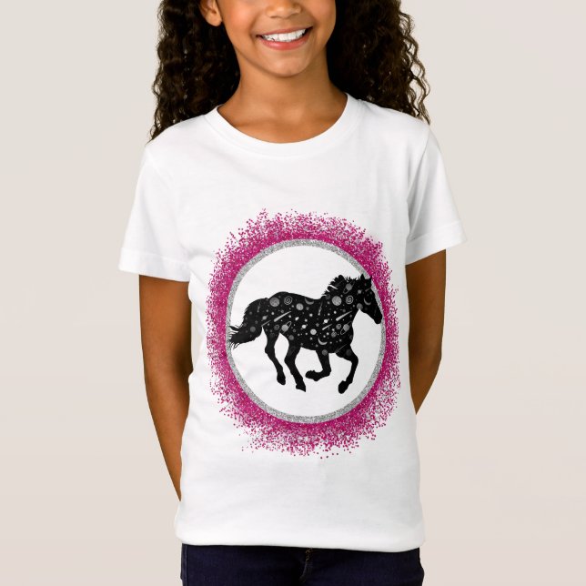 Camiseta Camisa-T de Cavalo Cósmico Preto e Branco (Frente)