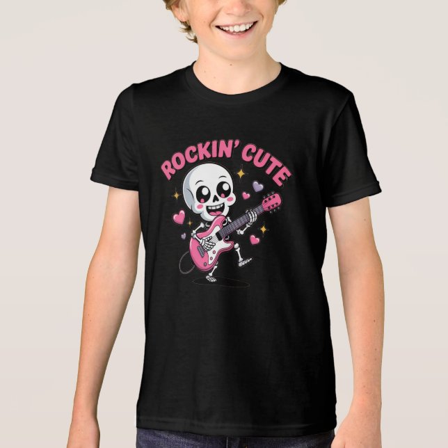 Camiseta Camisa-T De Crianças De Esqueleto Cute De Rockin (Frente)