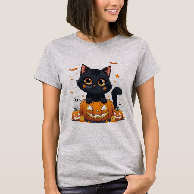 Camiseta Camisa-T de Dia das Bruxas de Gato Preto | Kawaii (Frente)