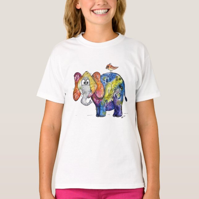 Camiseta Camisa-T de Elefante Colorida Esbranquiçada (Frente)