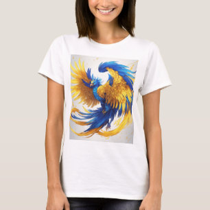 Camiseta "Camisa-T de Fênix Amarela e Azul Vibrante - Stand