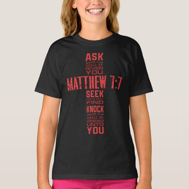 Camiseta Camisa-T de Matthew 7:7 Bíblia Verse Cross Girl (Frente)