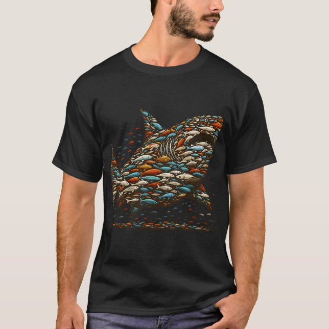 Camiseta Camisa-T de tubarão-safra feita de peixes pequenos (Frente)