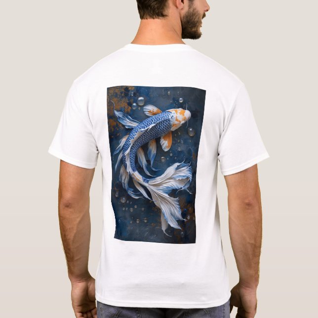 Camiseta Camisa-T de Zen Pond de Peixe Azul e Branco (Verso)