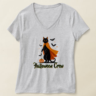 Camiseta Camisa-T do Dia das Bruxas de Gato Preto Pumkin