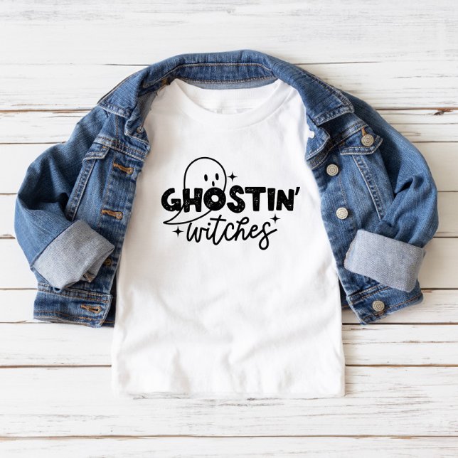 Camiseta Camisa-T do Halloween Toddler Kid das Bruxas de Fa (Styled Ghostin' Witches T-shirt with Jean Jacket)