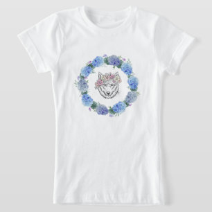 Camiseta Camisa-T do lobo azul-floral, branca