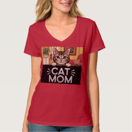 Camiseta Camisa-T do pescoço-V-Mãe de Gato Vermelho