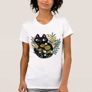 Camiseta Camisa-T essencial, gato preto com flores desenhad