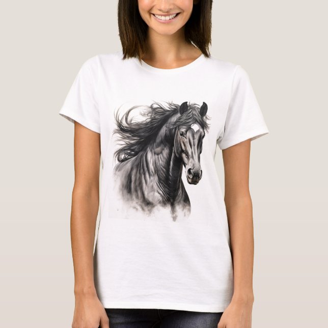 Camiseta Camisa-T feminina com Cavalo Negro em Greve (Frente)