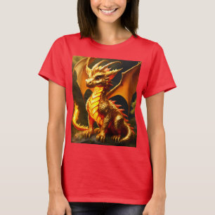 Camiseta Camisa-T feminina com Fluffy Dourado e Dragão-Fogo