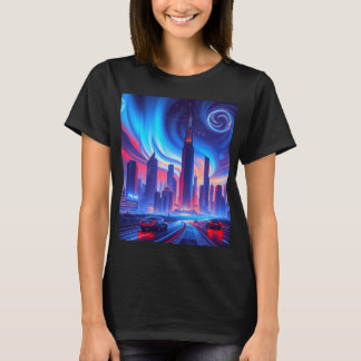 Camiseta Camisa-T feminina da cidade futurística