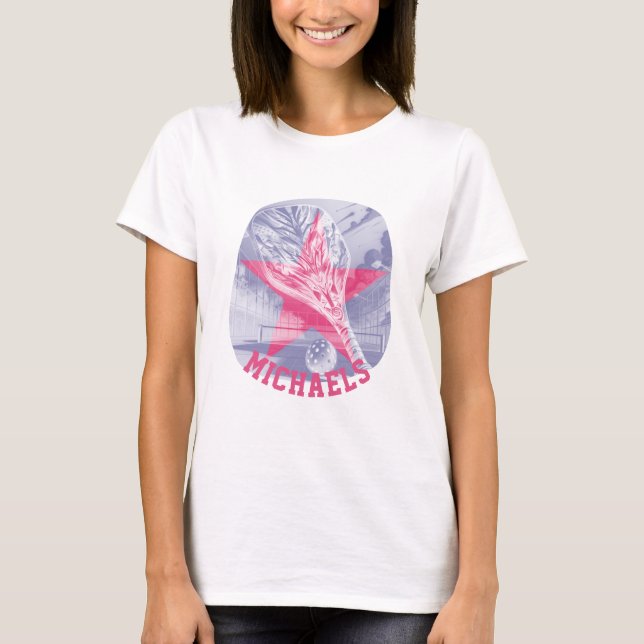 Camiseta Camisa-T Gráfica de Adição de Nome Pickleball Rosa (Frente)
