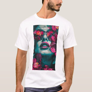 Camiseta Camisa-T Gráfica de Cabeça Floral Vibrante e Rosa