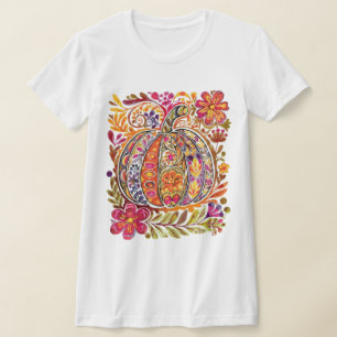 Camiseta Camisa-T Pumpkin De Arte Folclórica Pintada À Mão