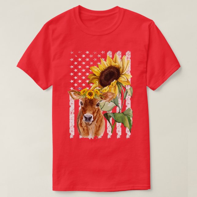 Camiseta Camisa-Vaca Vaca Bandeira Americana Vaca Girassol (Frente do Design)