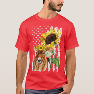 Camiseta Camisa-Vaca Vaca Bandeira Americana Vaca Girassol
