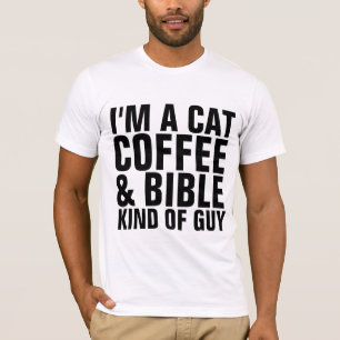 CAMISETA CAMISAS-T DE GATO CRISTÃO PARA HOMENS, CAFÉ E BÍBL