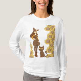 Camiseta “Camiseta Básica de Manga Longa de Bruxa e Gato de