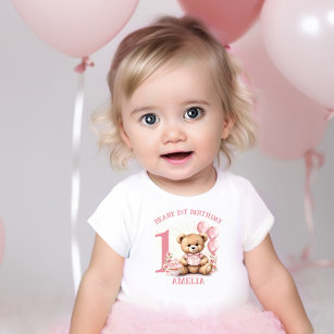 Camiseta Camiseta-bebê primeiro aniversario-Beary Rosa