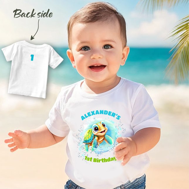 Camiseta Camiseta-bebê primeiro aniversario-de-Tartaruga-do (Cute Sea Turtle 1st Birthday Boy Baby T-shirt)