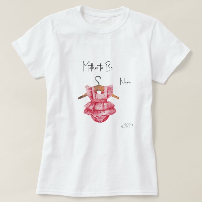 Camiseta Camiseta-Chá de fraldas-de-Vestida Rosa-A-Ser-Mãe (Frente do Design)