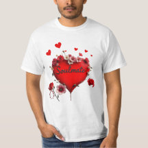 Camiseta, Coração Vermelho e flores, Alma Gêmea 