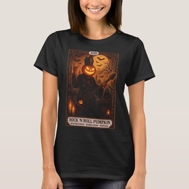 Camiseta Camiseta-T das-mulheres Rock 'N Roll Pumpkin Tarot (Frente)