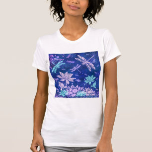 Camiseta Camiseta-T de Flores e Dragões Azuis Roxos