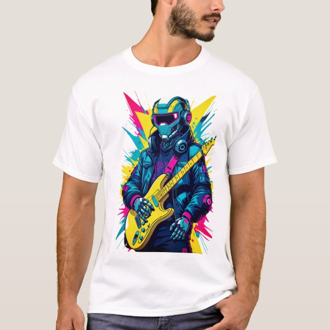 Camiseta CamisetaCyberpunk Robot Guitarrista Arte Synthwave (Frente)