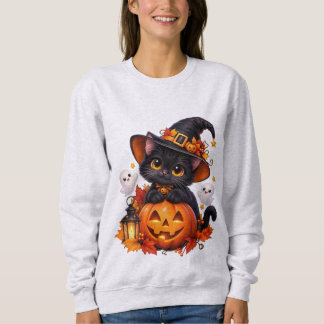 Camiseta Camisola Básica de Halloween Abóbora Gato Preto Fo