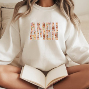 Camiseta Camisola Cristã “Amém” com Flores Costuradas Falsa