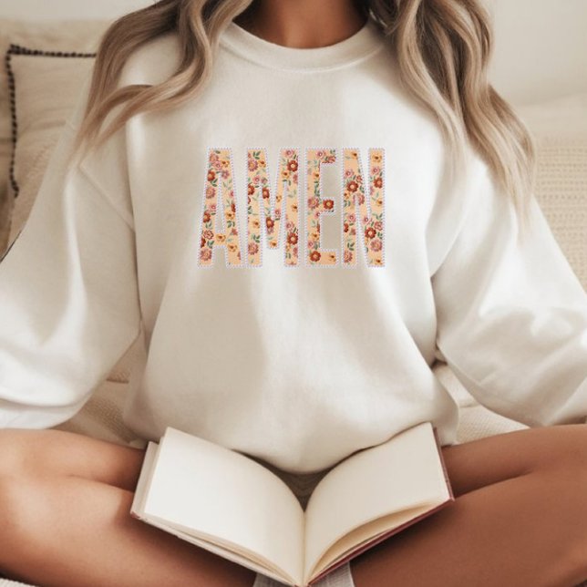 Camiseta Camisola Cristã “Amém” com Flores Costuradas Falsa (Criador carregado)