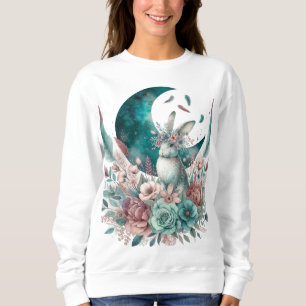 Camiseta Camisola de coelho Boho Moon Flowers em tons de az