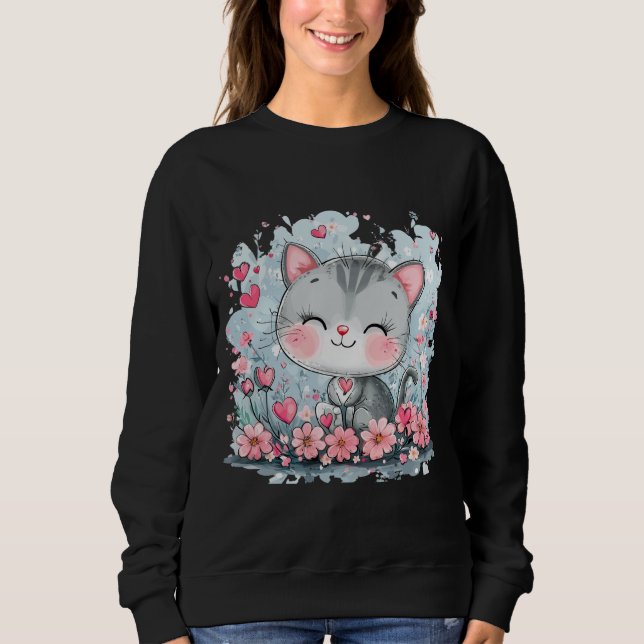Camiseta Camisola de gato cáustica - Gatinho Floral Adoráve (Frente)